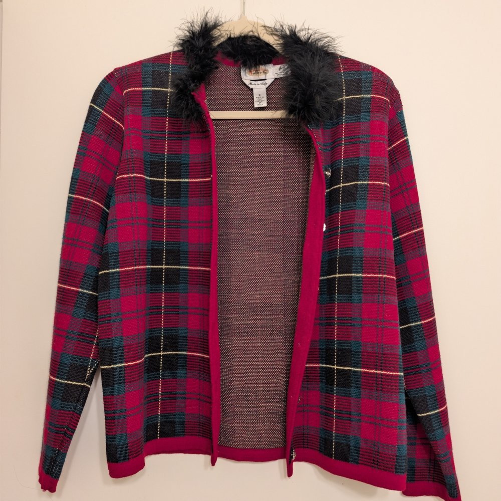 Vintage Talbots 100% Wool Plaid Open Cardigan with Faux Fur Trim